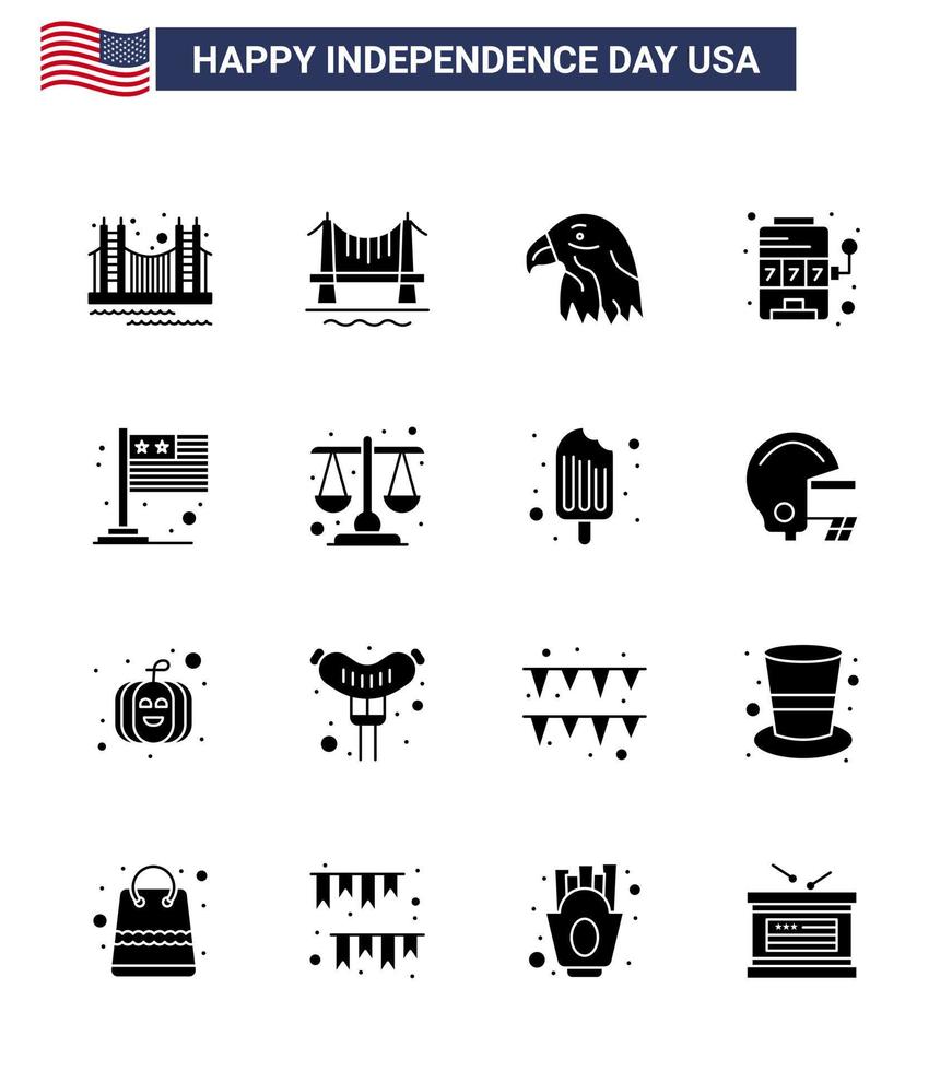 4 juillet usa joyeux jour de l'indépendance icône symboles groupe de 16 glyphes solides modernes de machine de jeu ville casino aigle modifiable usa day vector design elements