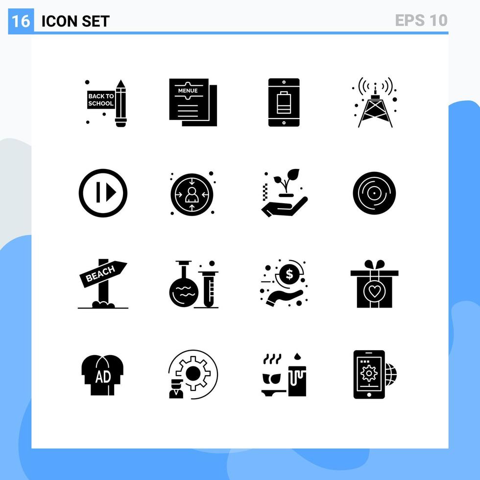 groupe de 16 signes et symboles de glyphes solides pour les éléments de conception vectoriels modifiables d'antenne de tour de téléphone portable audio multimédia vecteur