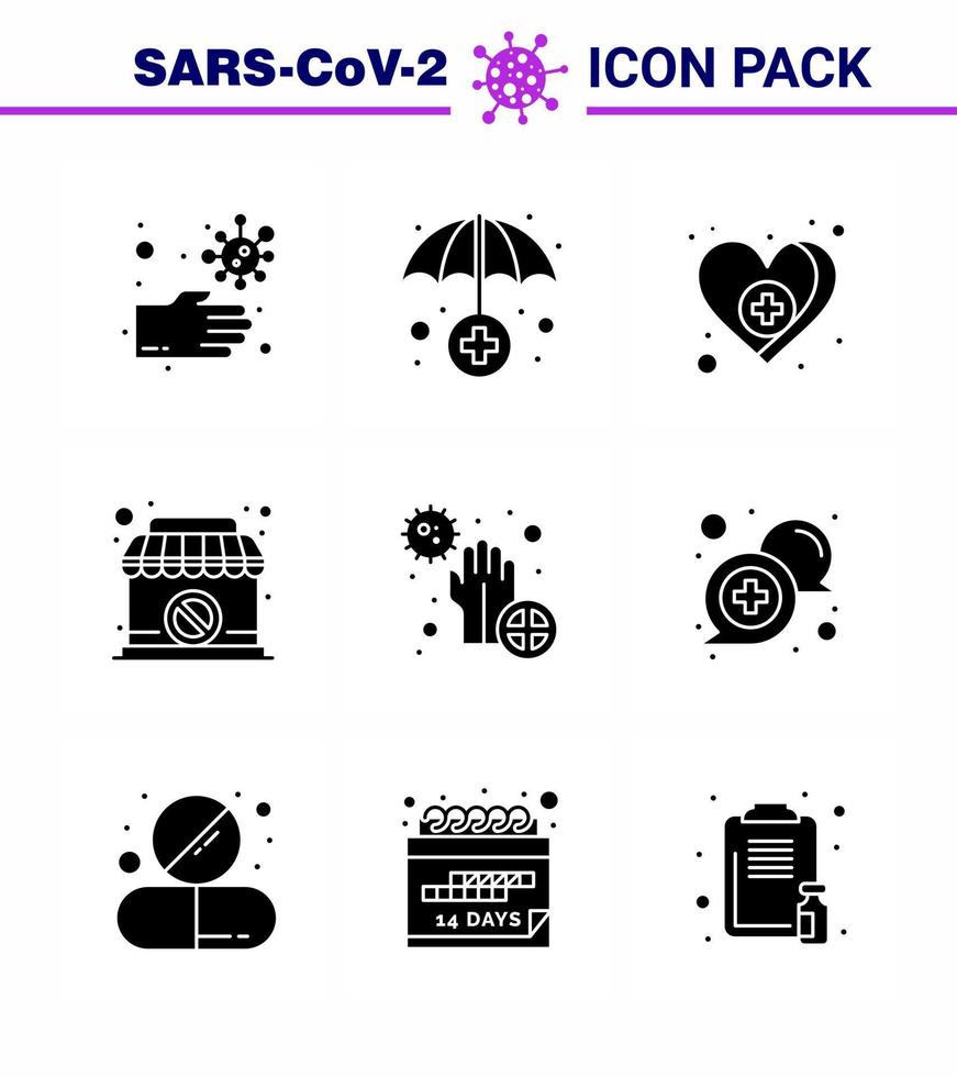 ensemble d'icônes covid19 pour l'infographie 9 pack noir de glyphes solides tels que la maladie covid amour boutique interdite coronavirus viral 2019nov éléments de conception de vecteur de maladie