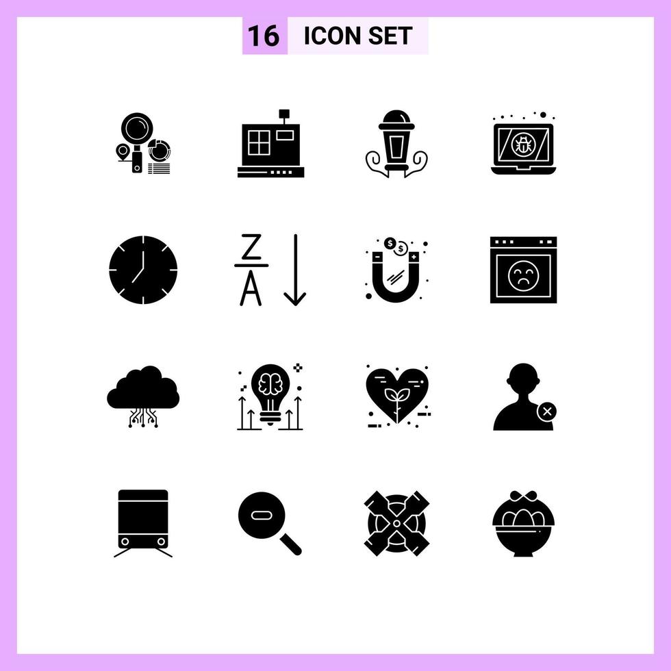 16 concept de glyphe solide pour les sites Web mobiles et applications lecteur multimédia horloge nuit virus périphérique éléments de conception vectoriels modifiables vecteur