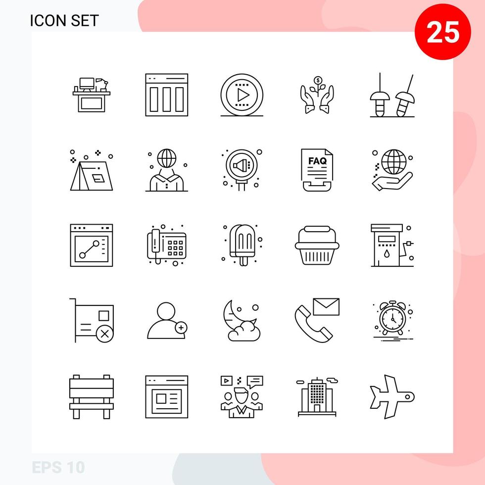 pack vectoriel de 25 icônes dans le pack de contour créatif de style ligne isolé sur fond blanc pour le web et mobile