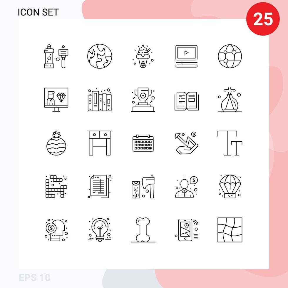 groupe de 25 lignes de signes et de symboles pour les éléments de conception vectoriels modifiables audio vidéo de dessert global vecteur