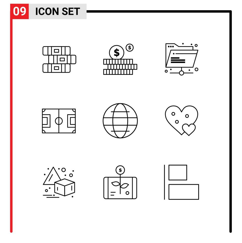 ensemble de 9 symboles d'icônes d'interface utilisateur modernes signes pour la sécurité globe réseau jeu de football éléments de conception vectoriels modifiables vecteur