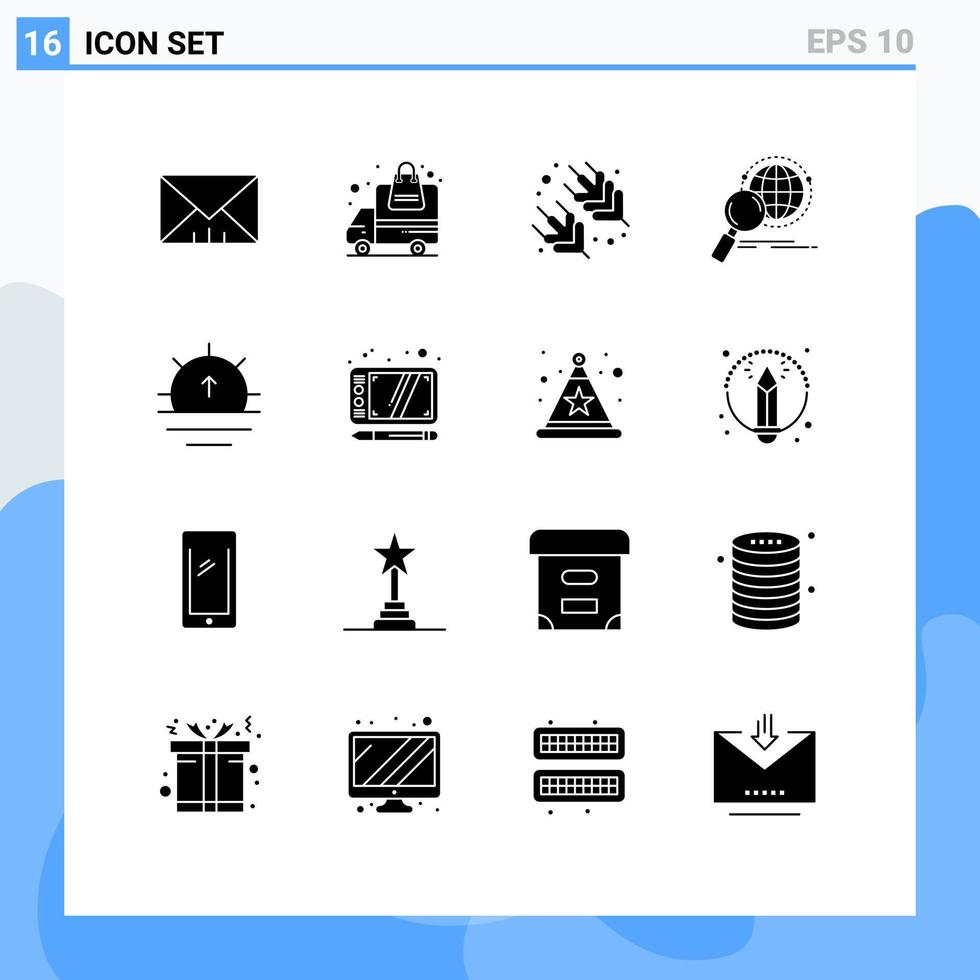 ensemble moderne de 16 glyphes et symboles solides tels que lever du soleil nature supermarché monde loupe éléments de conception vectoriels modifiables vecteur