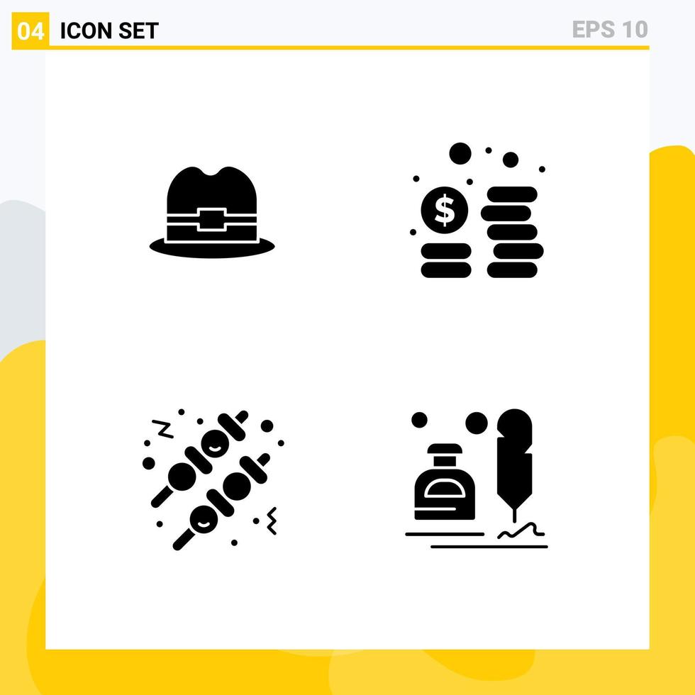 interface mobile glyphe solide ensemble de 4 pictogrammes d'éléments de conception vectoriels modifiables de fourrure de restauration rapide d'encre de chapeau vecteur
