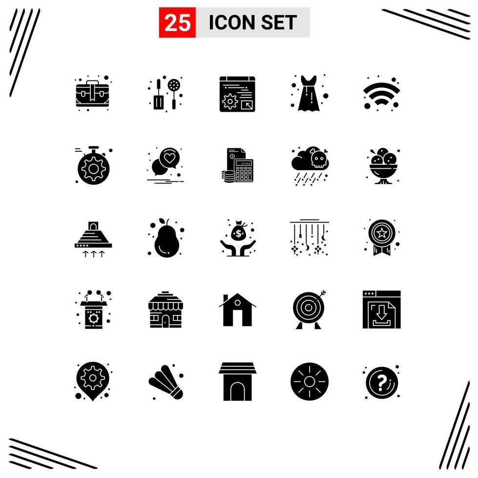 interface mobile glyphe solide ensemble de 25 pictogrammes d'éléments de conception vectoriels modifiables de robe de technologie numérique wifi serveur vecteur