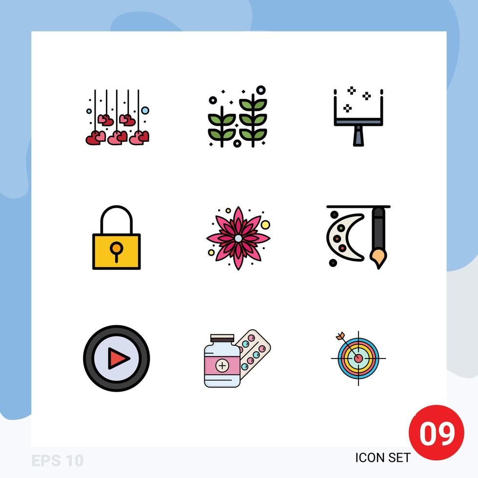 groupe de 9 signes et symboles de couleurs plates remplies pour balai de fleurs florales mot de passe sécurisé mot de passe éléments de conception vectoriels modifiables vecteur