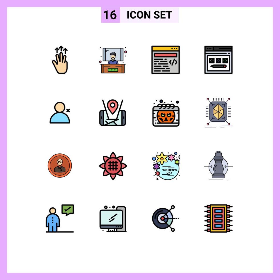 interface mobile ligne remplie de couleurs plates ensemble de 16 pictogrammes de la page du site Web du crayon twitter éléments de conception vectoriels créatifs modifiables vecteur