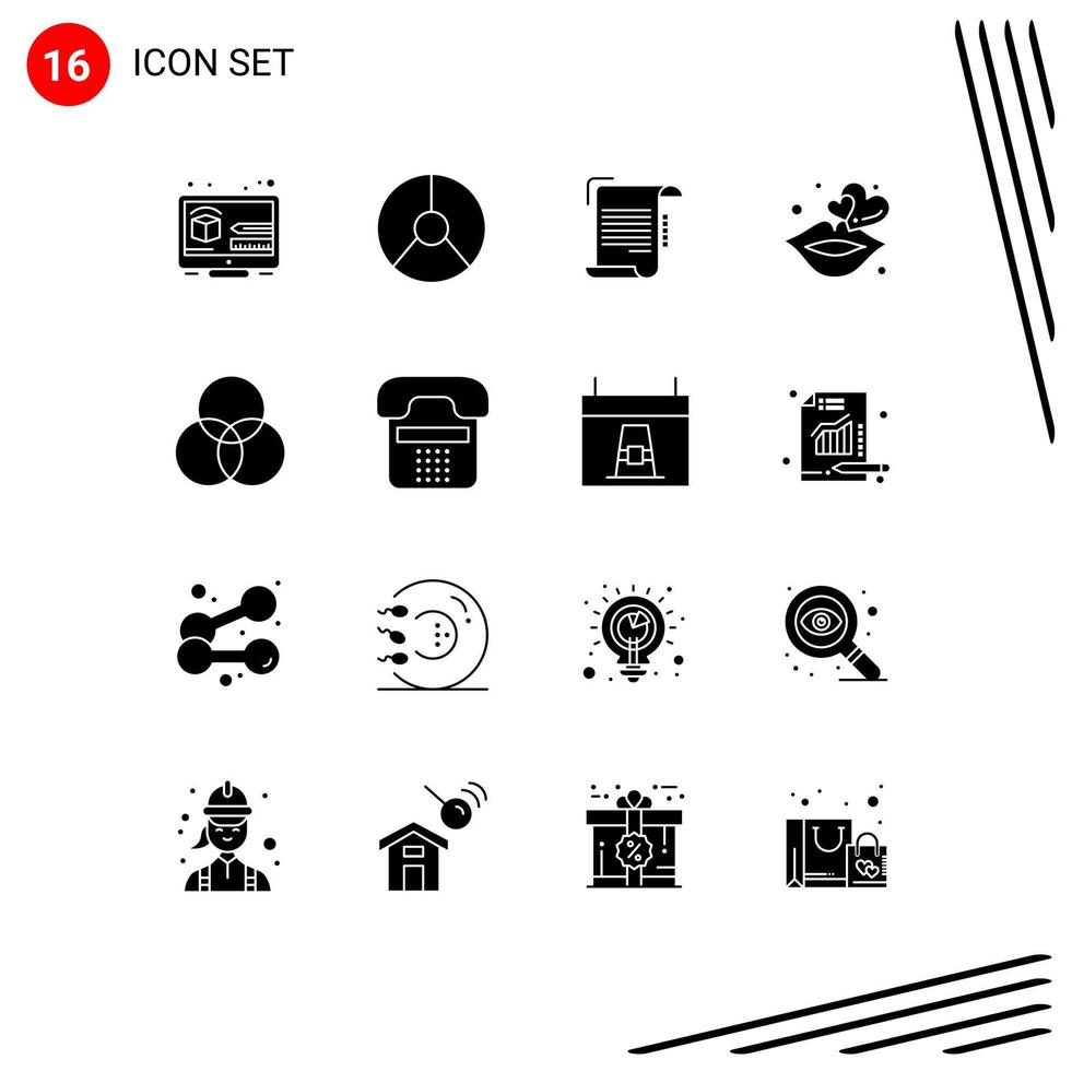 16 glyphes solides vectoriels thématiques et symboles modifiables d'éléments de conception vectoriels modifiables en papier à tarte aux lèvres romantiques vecteur