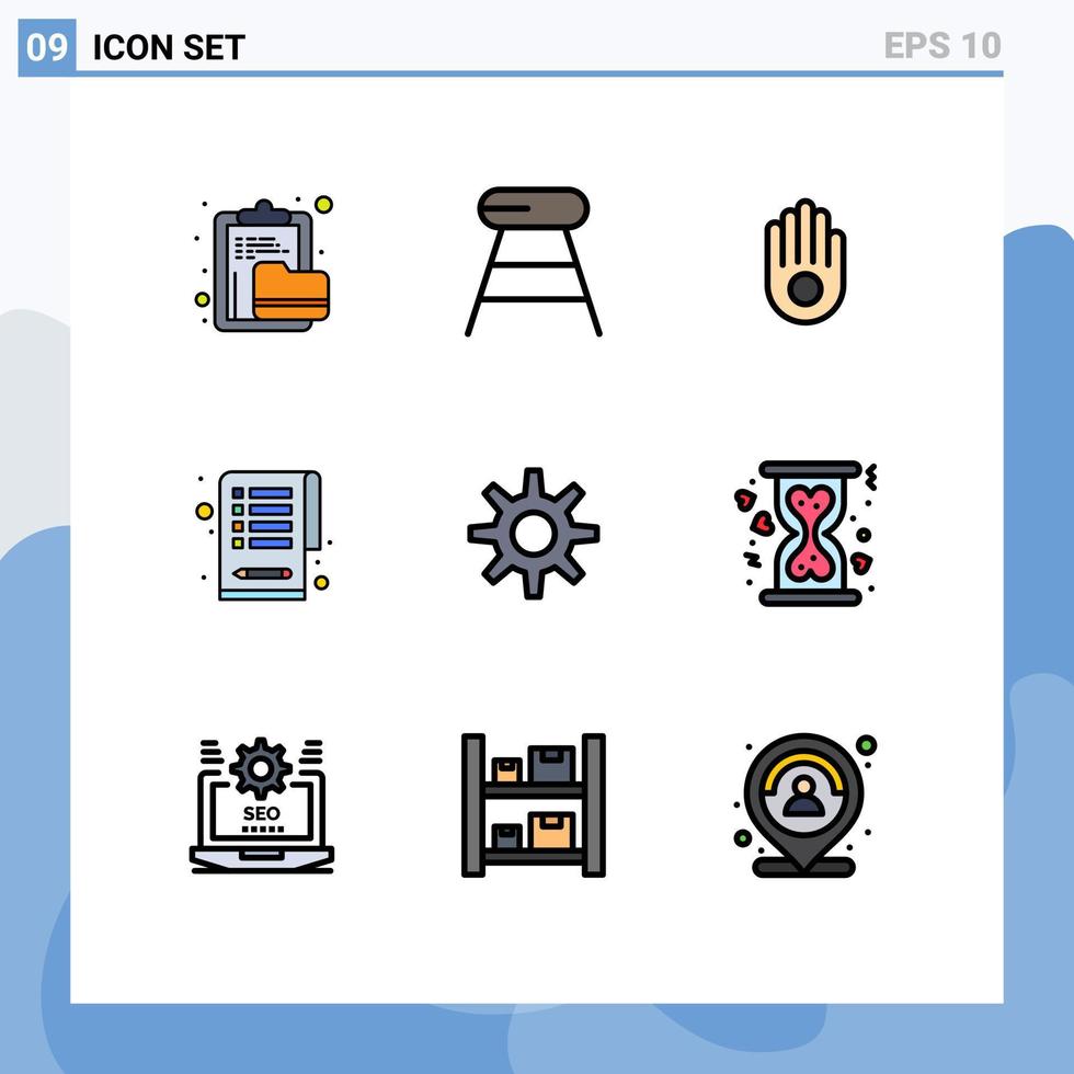 ensemble moderne de 9 pictogrammes de couleurs plates remplies de la liste de contrôle des tâches du siège d'engrenage de roue éléments de conception vectoriels modifiables vecteur