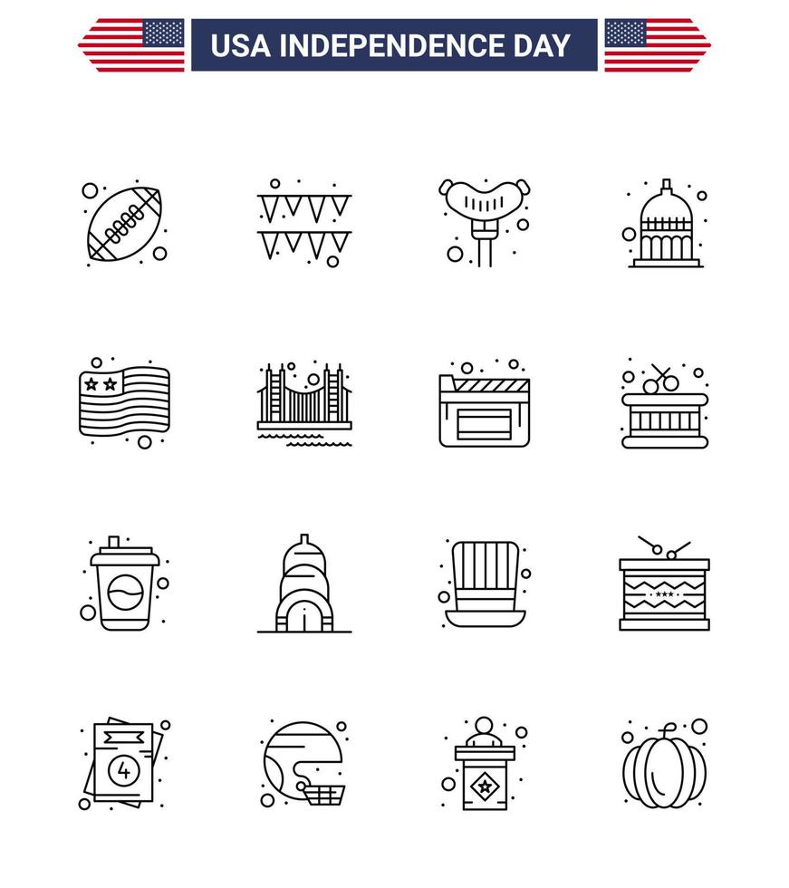 16 usa ligne signes fête de l'indépendance célébration symboles de pont drapeau francfort pays statehouse modifiable usa day vector design elements