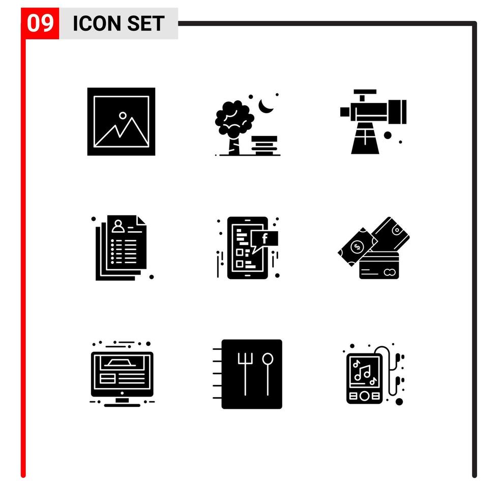 pack de 9 signes et symboles de glyphes solides modernes pour les supports d'impression Web tels que les éléments de conception vectoriels modifiables de soins médicaux d'astronomie de dossier social vecteur