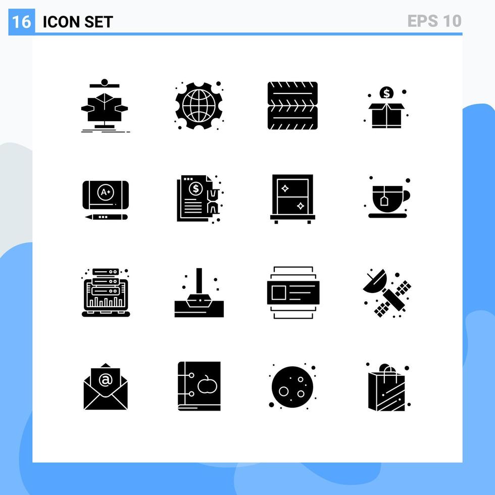 interface mobile glyphe solide ensemble de 16 pictogrammes d'obtenir de l'argent travail financement foule éléments de conception vectoriels modifiables vecteur