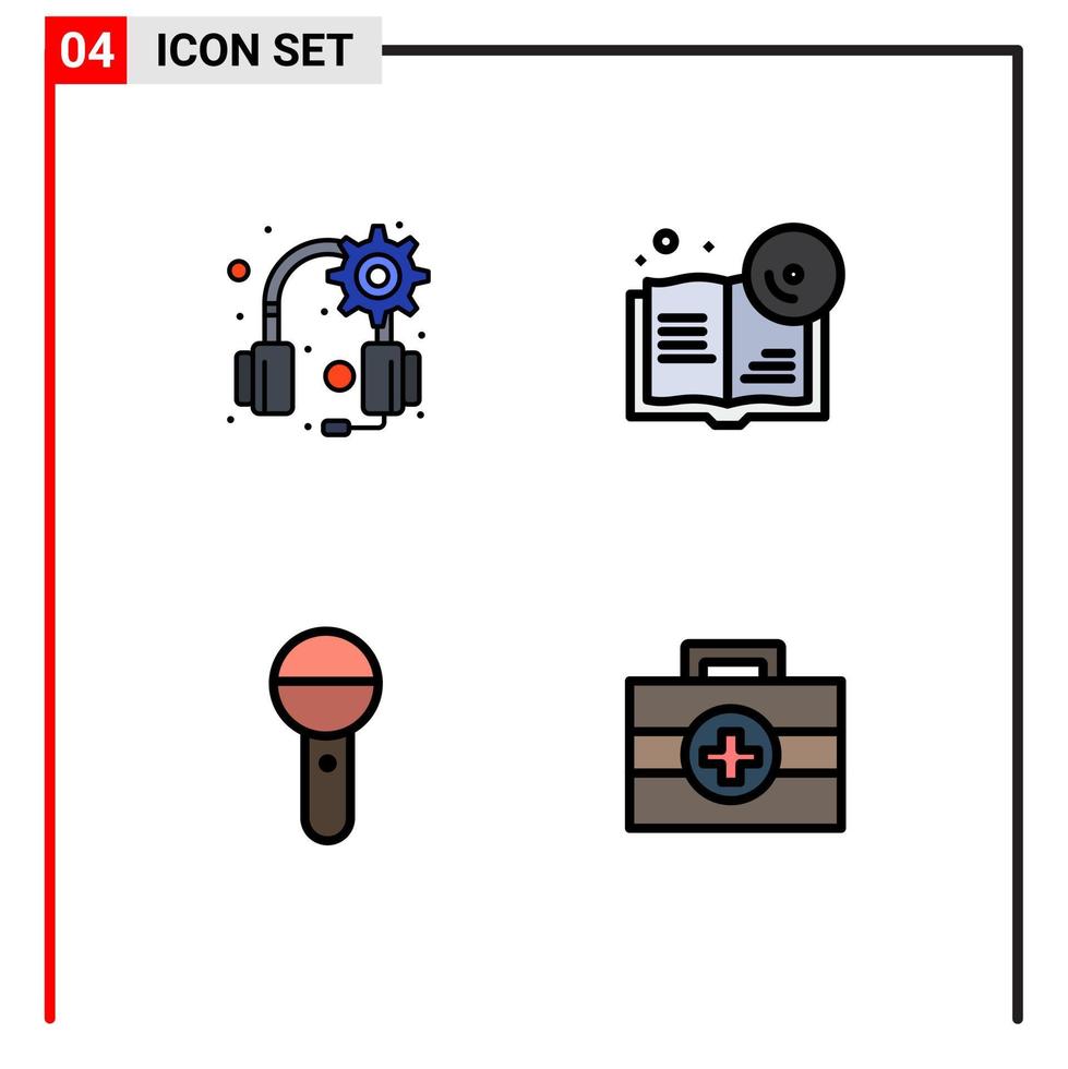 ensemble moderne de 4 pictogrammes de couleurs plates remplies d'éléments de conception vectoriels modifiables de son de livre de microphone d'engrenage vecteur