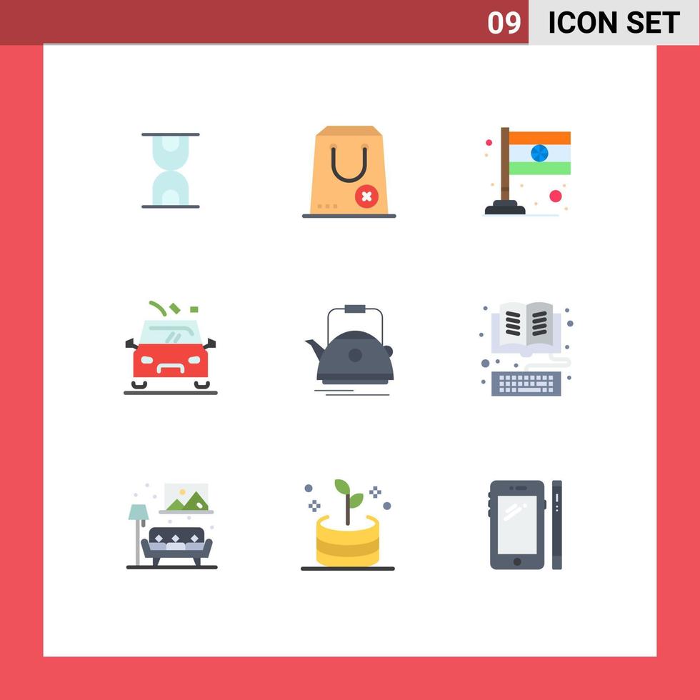 9 concept de couleur plate pour sites Web mobiles et applications théière thé route de campagne danger éléments de conception vectoriels modifiables vecteur