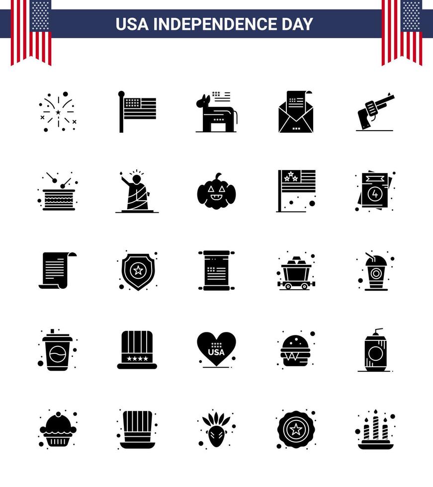 joyeux jour de l'indépendance pack de 25 signes et symboles de glyphes solides pour l'invitation d'armes à feu âne salutation e-mail modifiable éléments de conception de vecteur de jour des états-unis