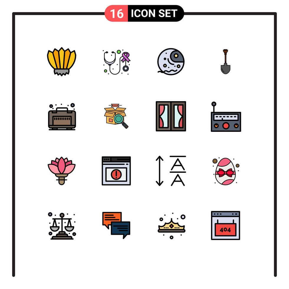 interface mobile ligne remplie de couleurs plates ensemble de 16 pictogrammes d'outils de creusement soins pelle planète éléments de conception vectoriels créatifs modifiables vecteur
