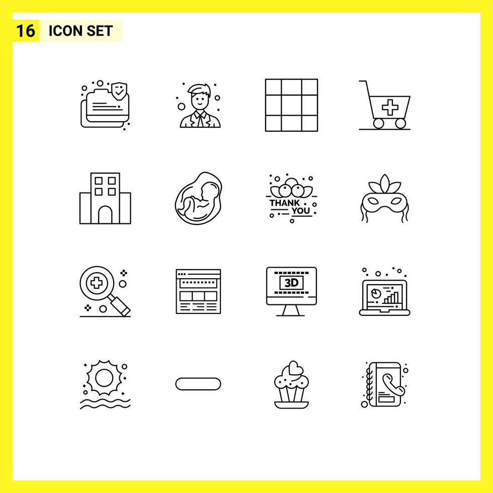ensemble moderne de 16 contours pictogramme d'éléments de conception vectoriels modifiables de médecine d'hôtel de grille de voyage de voyage vecteur