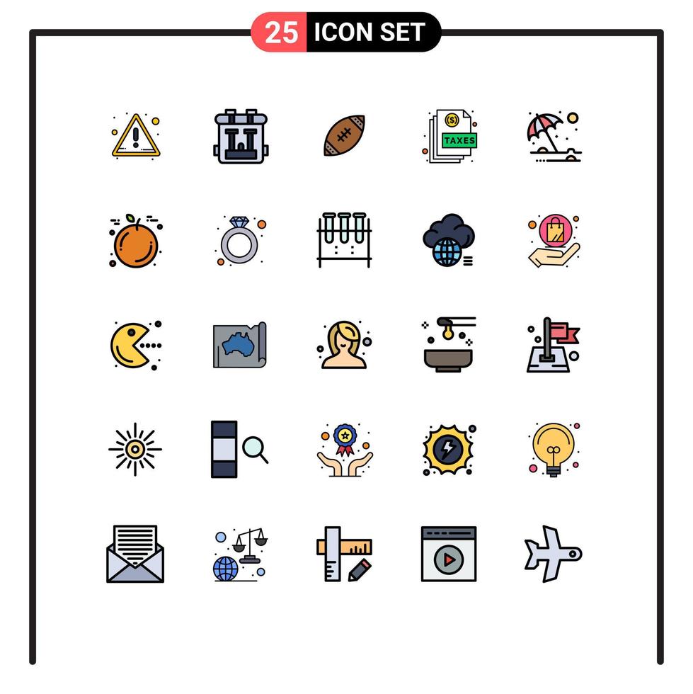 groupe de 25 signes et symboles de couleurs plates de ligne remplie pour l'action de fichier de balle de page de plage éléments de conception vectoriels modifiables vecteur