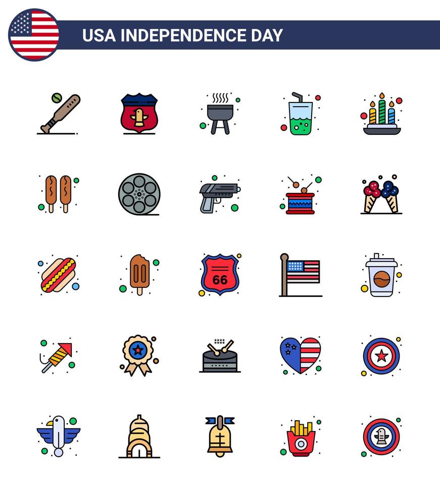 gros pack de 25 usa joyeux jour de l'indépendance usa vecteur lignes remplies à plat et symboles modifiables de feu cola sécurité verre d'été modifiable usa day vector design elements