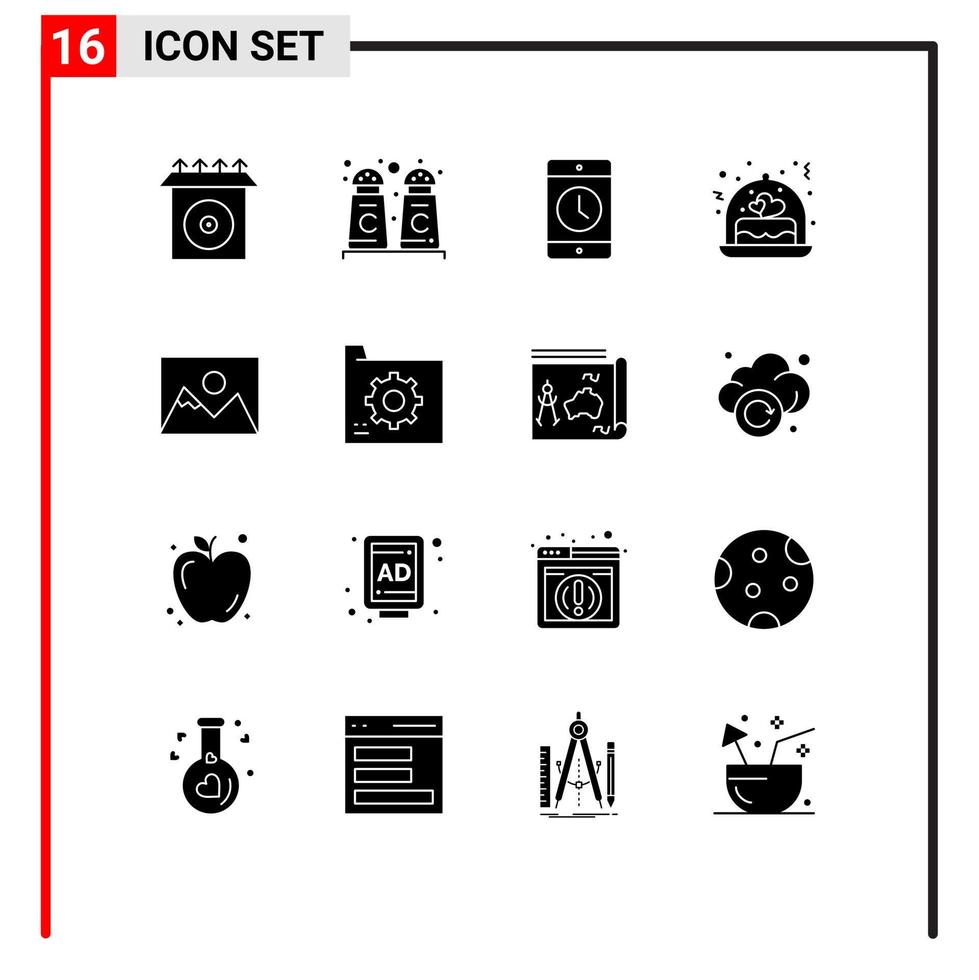 16 concept de glyphe solide pour les sites Web mobiles et applications photographe paysage cadeau mobile amour éléments de conception vectoriels modifiables vecteur