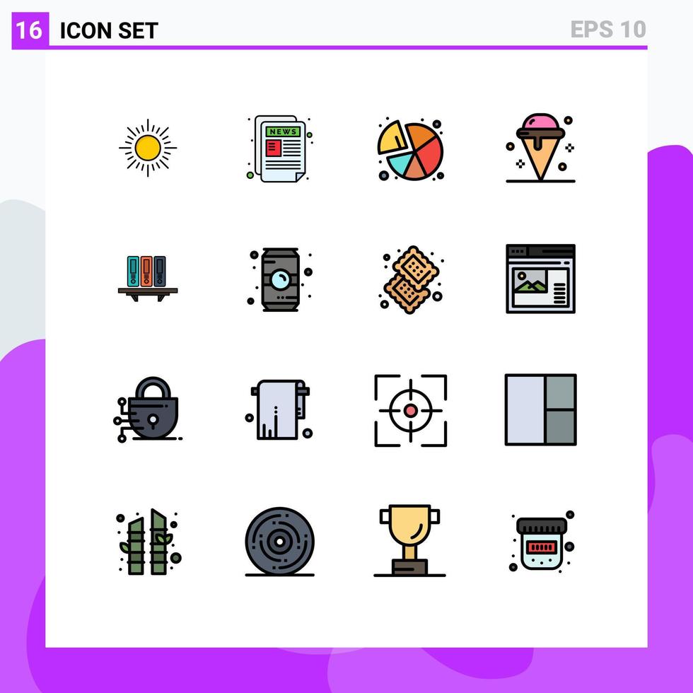 interface mobile ligne remplie de couleurs plates ensemble de 16 pictogrammes d'archives tarte sucrée dessert d'été éléments de conception vectoriels créatifs modifiables vecteur