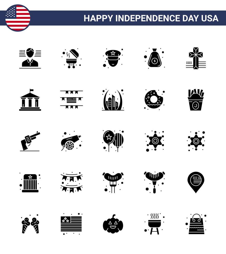 pack de 25 glyphes solides liés à la fête de l'indépendance des états-unis créatifs de la police de l'église du drapeau cross cash modifiables éléments de conception vectorielle de la journée des états-unis vecteur