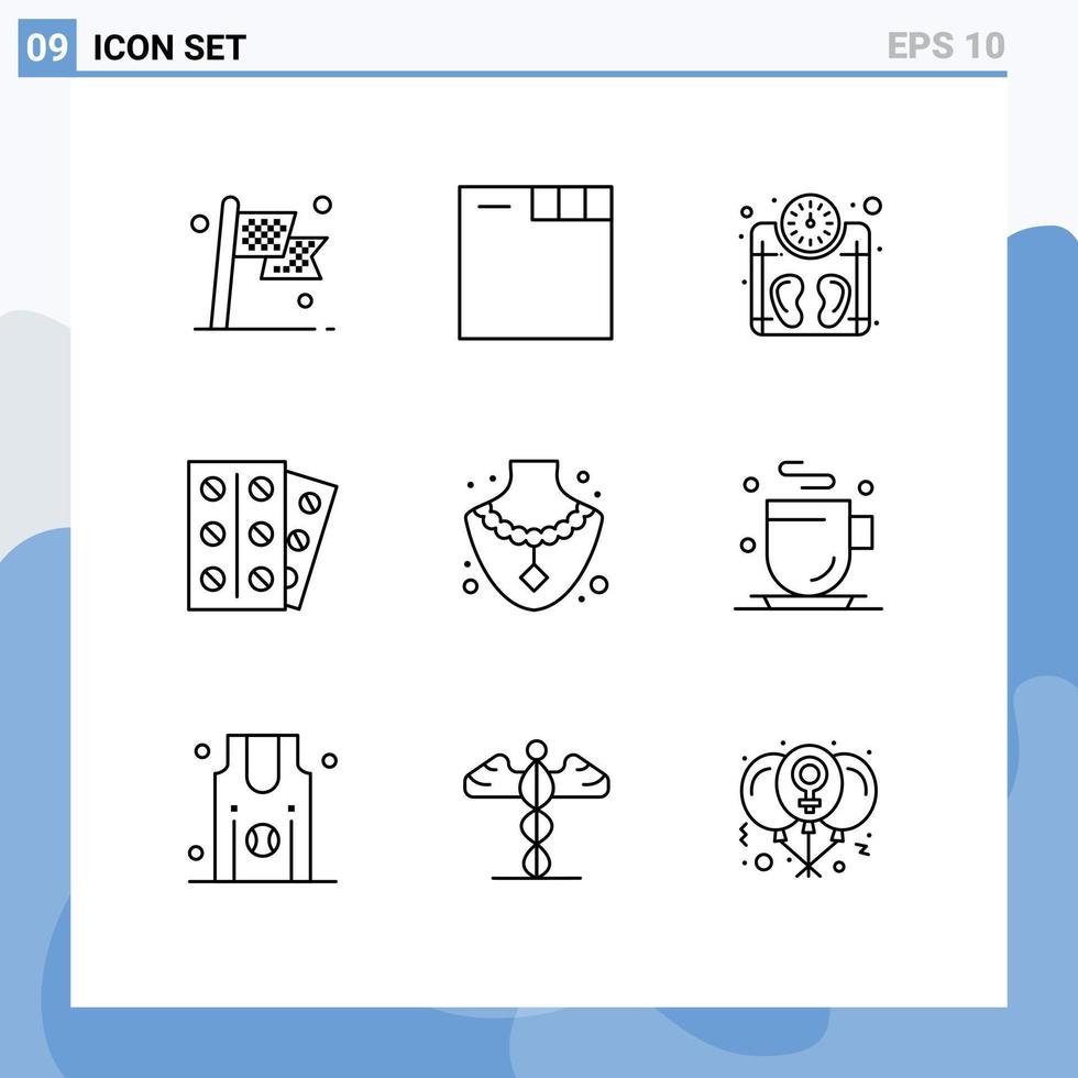 ensemble moderne de 9 contours et symboles tels que des éléments de conception vectoriels modifiables médicaux du patient de la machine à comprimés gemmes vecteur