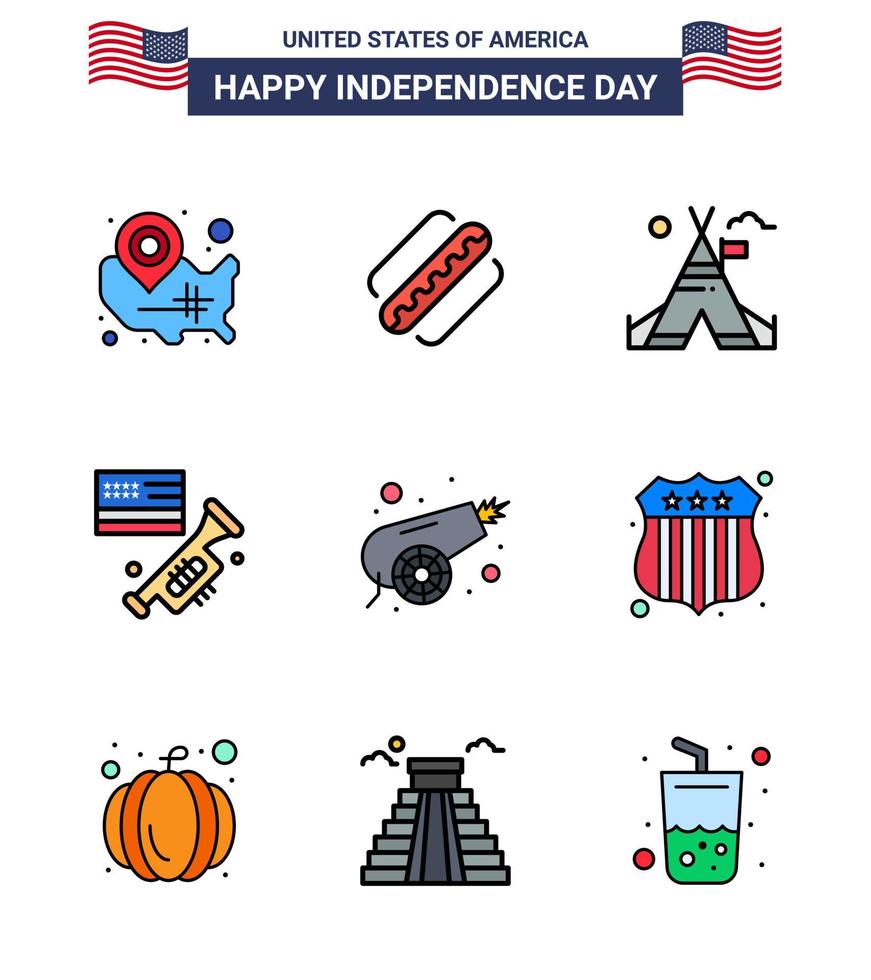 joyeux jour de l'indépendance usa pack de 9 lignes créatives remplies à plat d'états de louange de l'armée haut-parleur américain modifiable usa day vector design elements