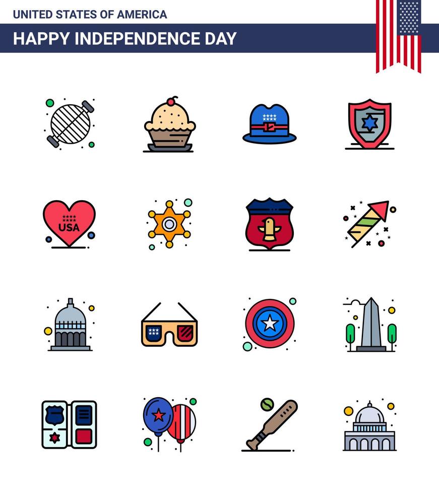 ensemble de 16 icônes de la journée des états-unis symboles américains signes de la fête de l'indépendance pour l'amour bouclier protection douce éléments de conception vectoriels américains modifiables de la journée des états-unis vecteur