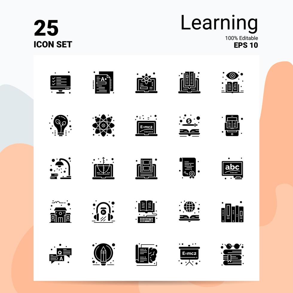 25 jeu d'icônes d'apprentissage 100 eps modifiables 10 fichiers idées de concept de logo d'entreprise conception d'icône de glyphe solide vecteur