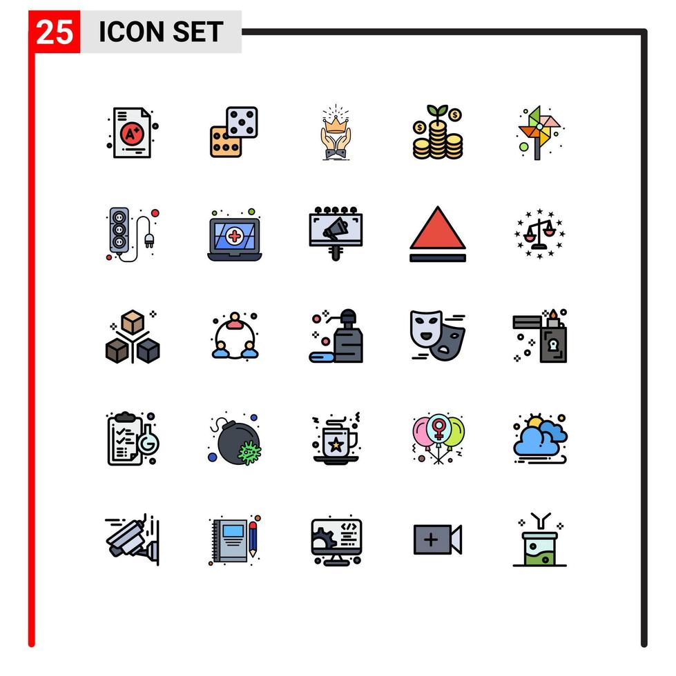 ensemble moderne de 25 pictogrammes de couleurs plates de lignes remplies d'enfants de moulin à vent honorent des éléments de conception vectoriels modifiables d'affaires d'argent vecteur