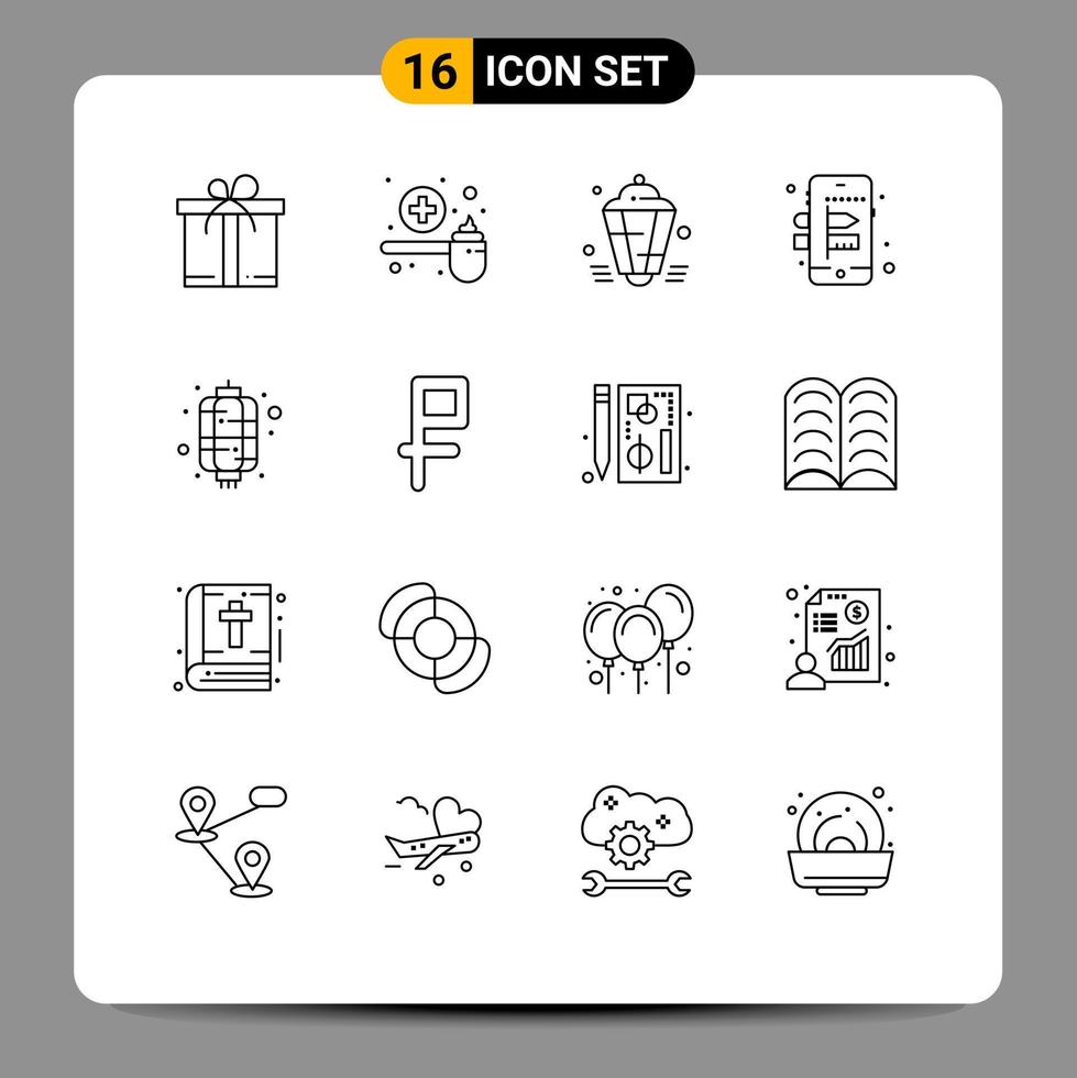 pictogramme ensemble de 16 contours simples de processus de lanterne lanterne décoration créative éléments de conception vectoriels modifiables vecteur
