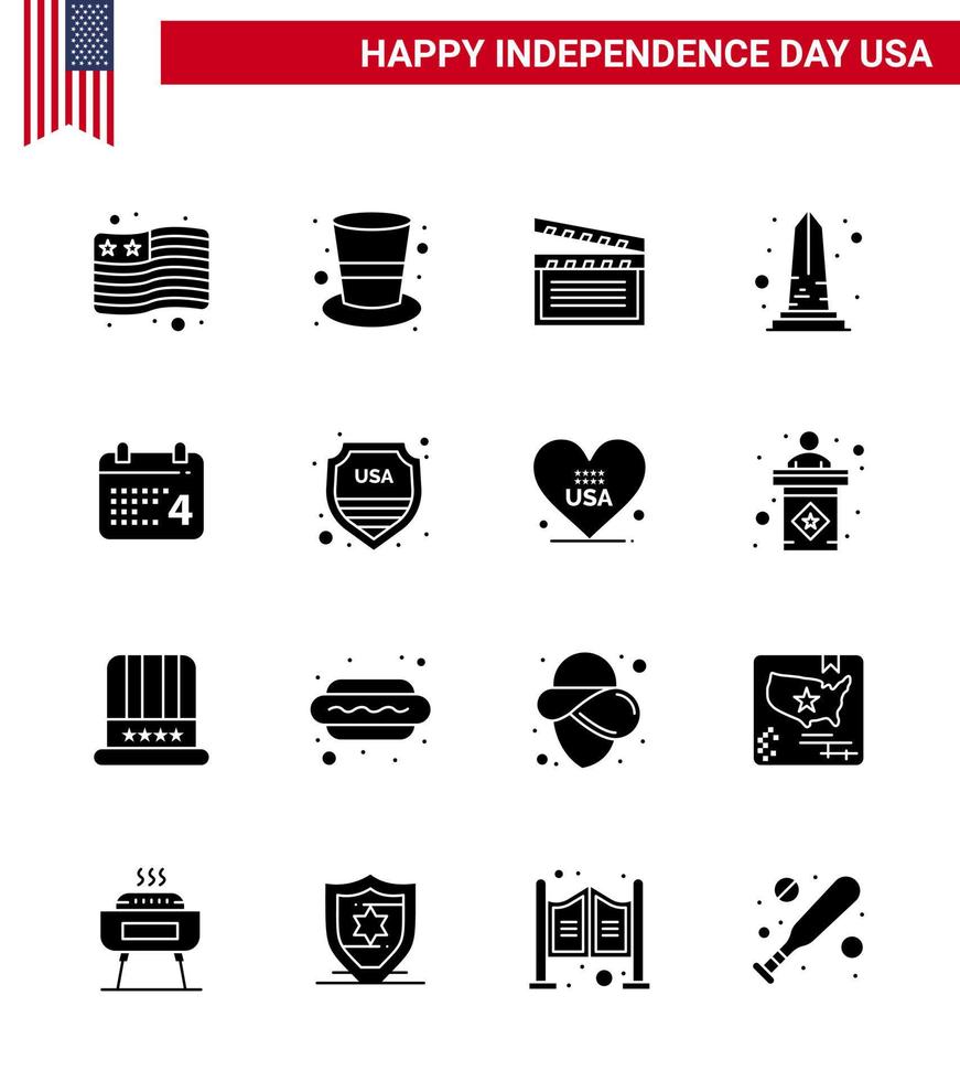 ensemble de 16 glyphes solides vectoriels le 4 juillet jour de l'indépendance des états-unis tels que jour washington movis usa monument modifiable usa day vector design elements