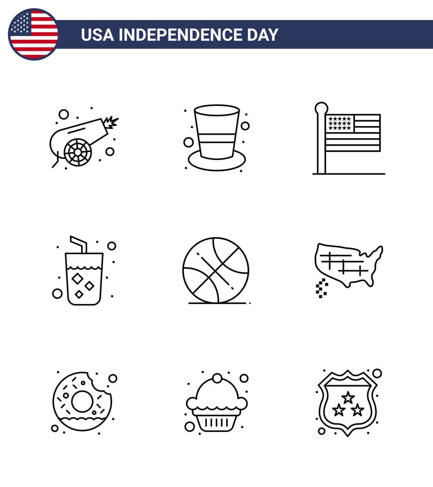 9 signes de ligne pour le jour de l'indépendance des états-unis ballon drapeau de vin jus d'alcool éléments de conception de vecteur de jour des états-unis modifiables