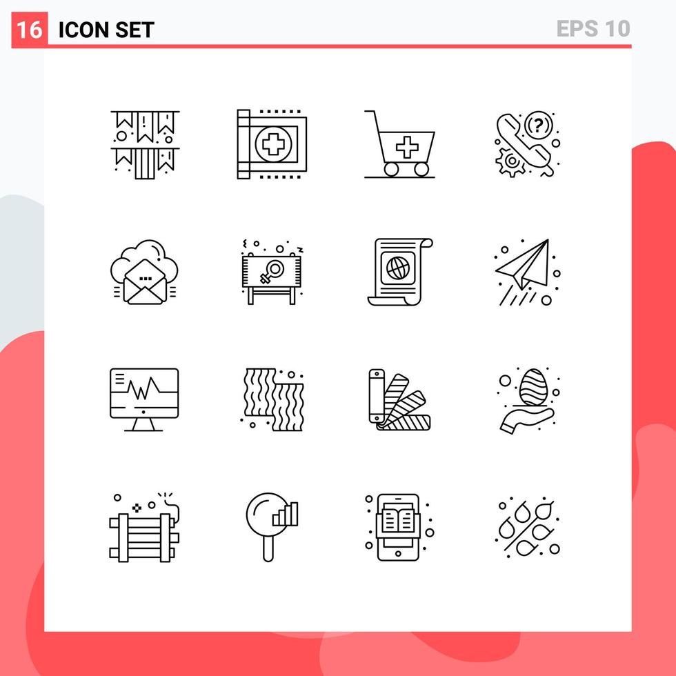 ensemble de 16 symboles d'icônes d'interface utilisateur modernes signes pour l'hôpital de téléphone cloud aider les éléments de conception vectoriels modifiables par le client vecteur