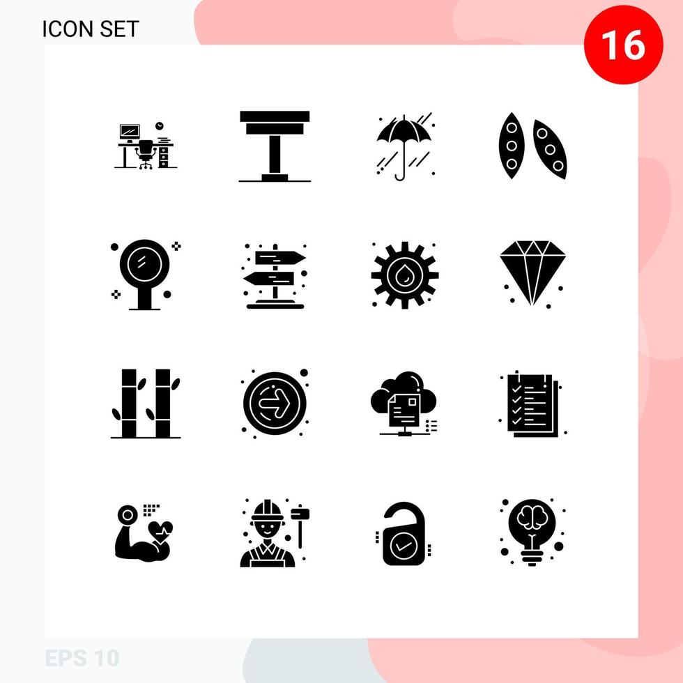groupe de 16 signes et symboles de glyphes solides pour les éléments de conception vectoriels modifiables de pluie de cuisine intérieure d'aliments biologiques vecteur