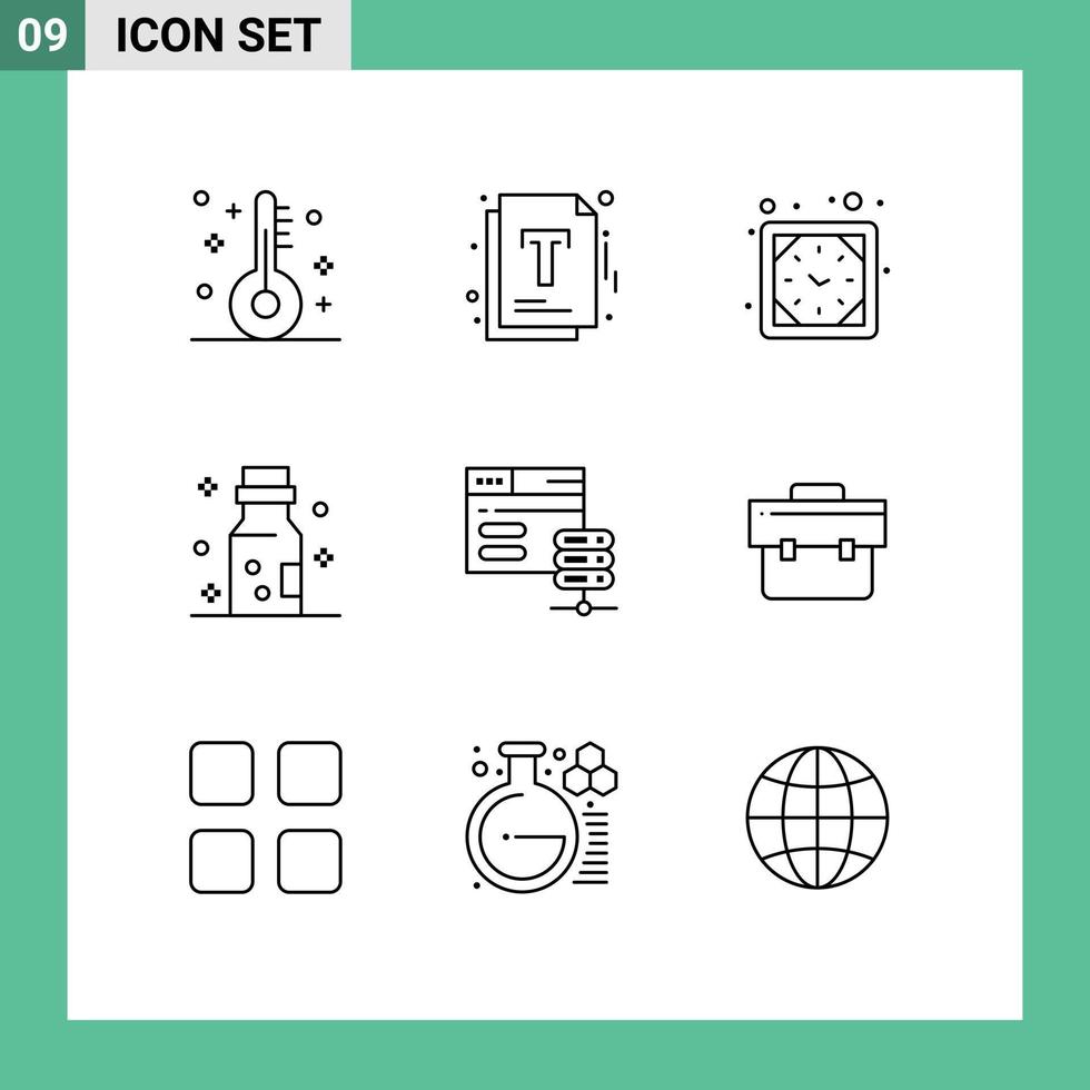 pack de 9 contours créatifs d'éléments de conception vectoriels modifiables en bouteille de danger d'horloge empoisonnée de serveur de réseau vecteur