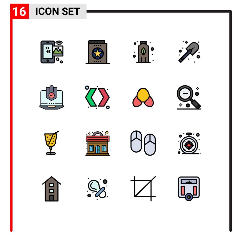 ensemble moderne de 16 lignes et symboles remplis de couleurs plates tels que la connaissance de la pelle informatique pompier agriculture éléments de conception vectoriels créatifs modifiables vecteur