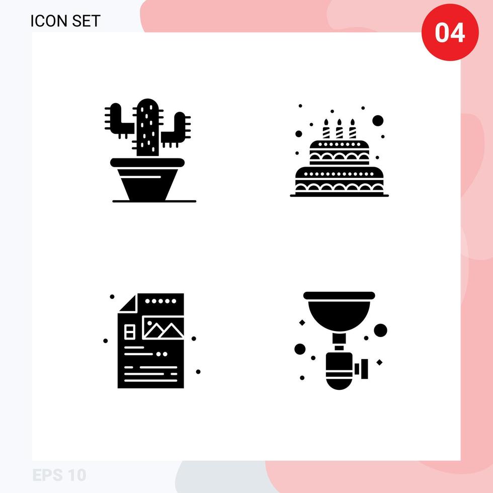 paquet de glyphes solides de 4 symboles universels d'éléments de conception vectoriels modifiables de tuyau de bougie de gâteau de fichier de cactus vecteur