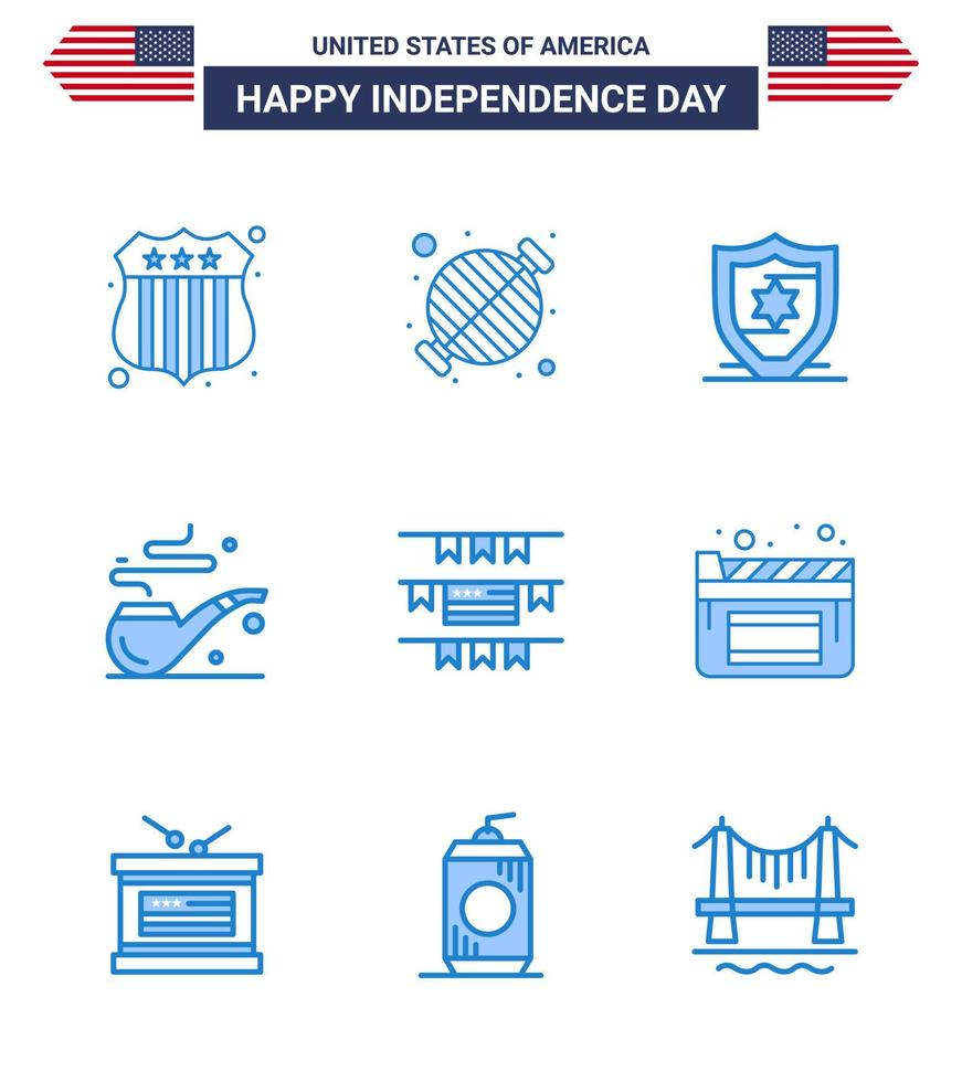 joyeux jour de l'indépendance usa pack de 9 blues créatifs de décoration de fête de cinéma bruants américains fumée éléments de conception vectoriels modifiables usa day vecteur