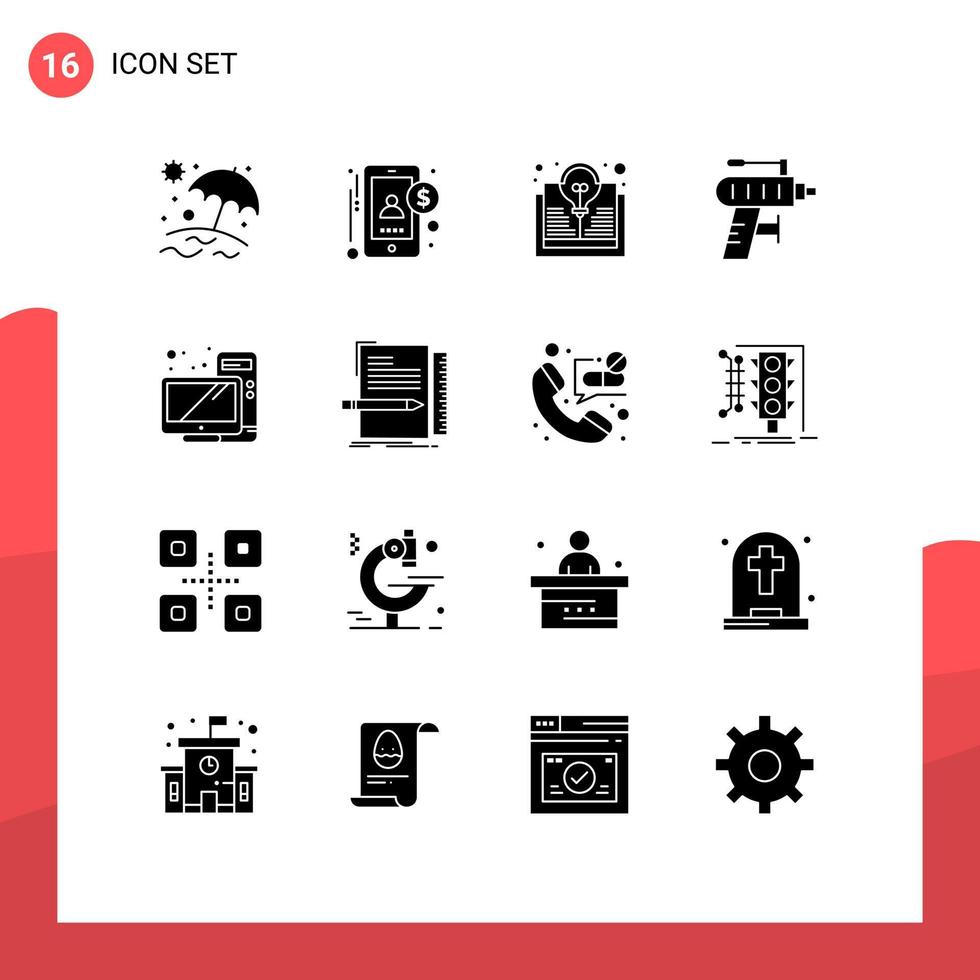 16 ensemble de glyphes solides universels pour les applications web et mobiles matériel perforateur de livre informatique éléments de conception vectoriels modifiables vecteur