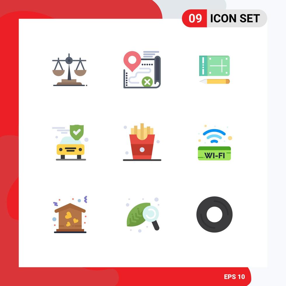 ensemble moderne de 9 pictogrammes de couleurs plates d'éléments de conception vectoriels modifiables de voiture de sécurité mobile de bouclier de manger vecteur