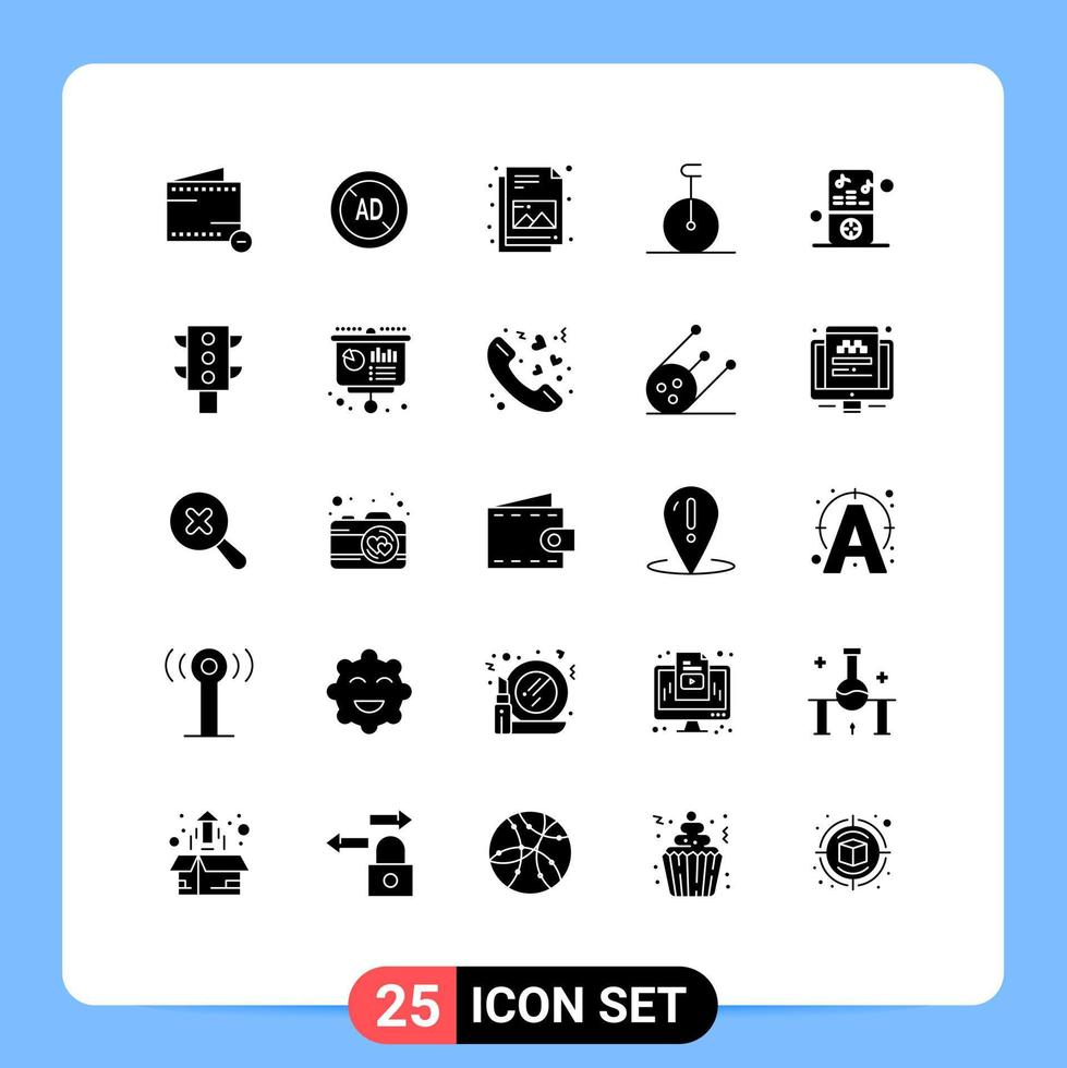 25 concept de glyphe solide pour les sites Web lecteur mobile et applications document de musique ipod monocycle éléments de conception vectoriels modifiables vecteur