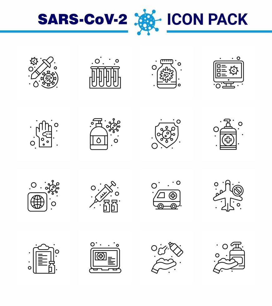 l'icône de 16 lignes de coronavirus sur le thème de l'épidémie corona contient des icônes telles que des tubes d'analyse d'enregistrement bouteille de dépistage coronavirus viral 2019nov éléments de conception de vecteur de maladie