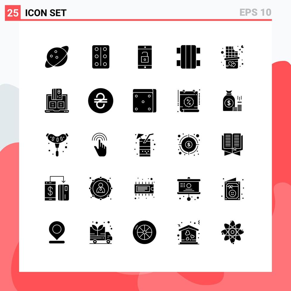 25 concept de glyphe solide pour sites Web mobiles et applications banque dessert application mobile barre de chocolat mordre planche à roulettes éléments de conception vectoriels modifiables vecteur