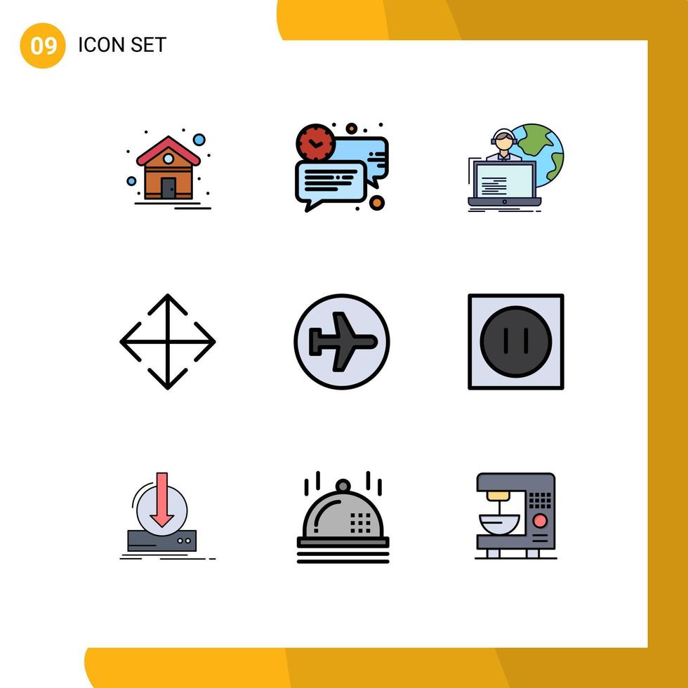 groupe de 9 couleurs plates de ligne de remplissage modernes définies pour les éléments de conception vectoriels modifiables humains de flèche de temps de déplacement d'avion vecteur