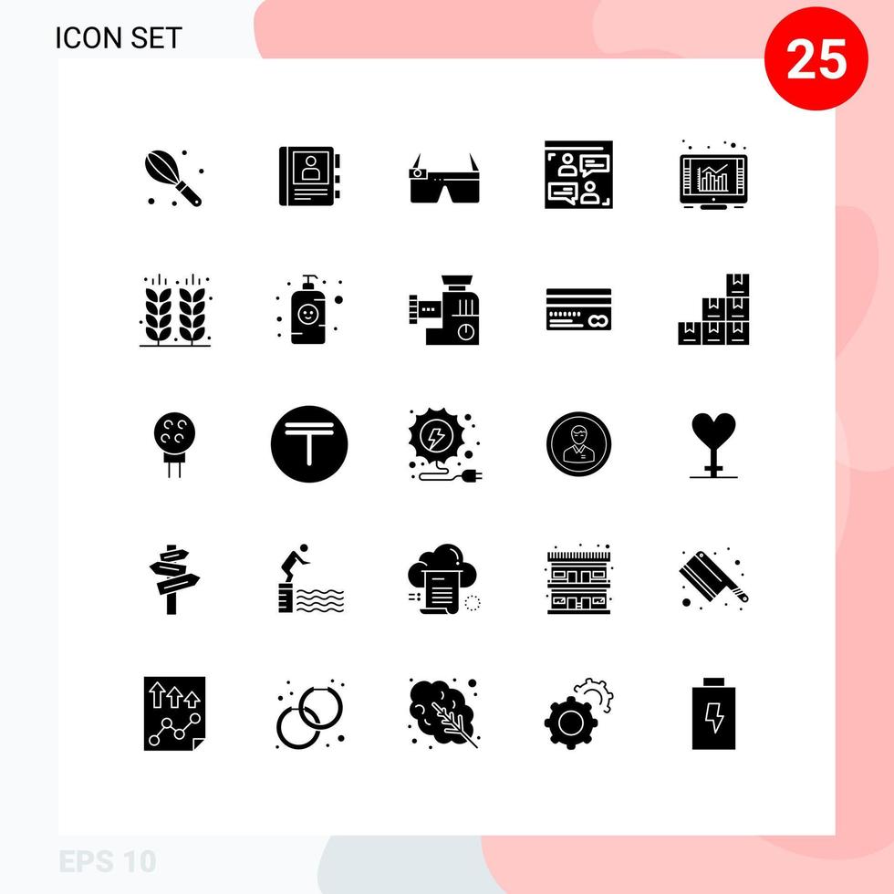 ensemble de 25 glyphes solides universels pour les applications web et mobiles lunettes de navigateur en ligne chat de concepteur éléments de conception vectoriels modifiables vecteur