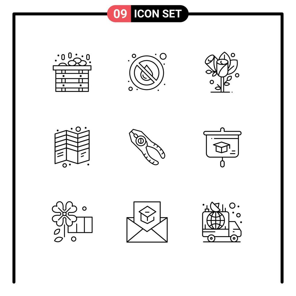 symboles d'icônes universels groupe de 9 contours modernes de pinces imprimer fleur pli brochure éléments de conception vectoriels modifiables vecteur