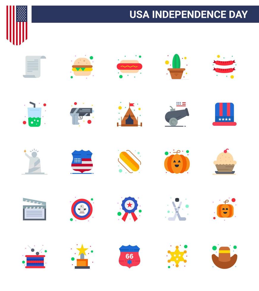 groupe de 25 appartements pour le jour de l'indépendance des états-unis d'amérique tels que la nourriture pour saucisse chien pot fleur modifiable usa day vector design elements